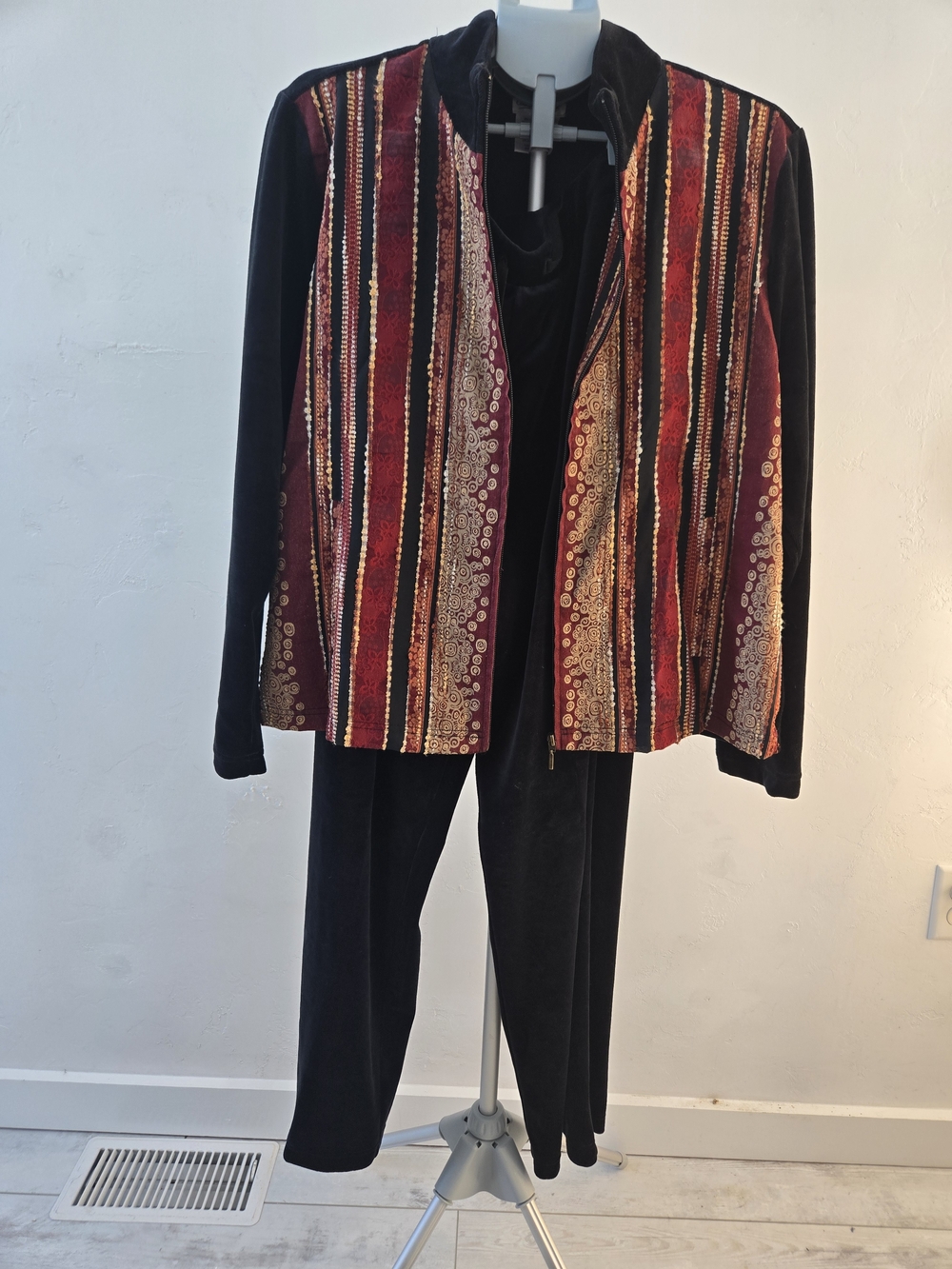 Coldwater Creek Black Jacket And Pants with Dk Red and Gold Striped Velvet Front